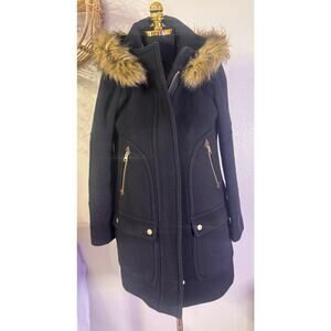 J Crew Black W/ Faux Fur Collar Chateau Parka Stadium Wool Size 4P- Iconic!!